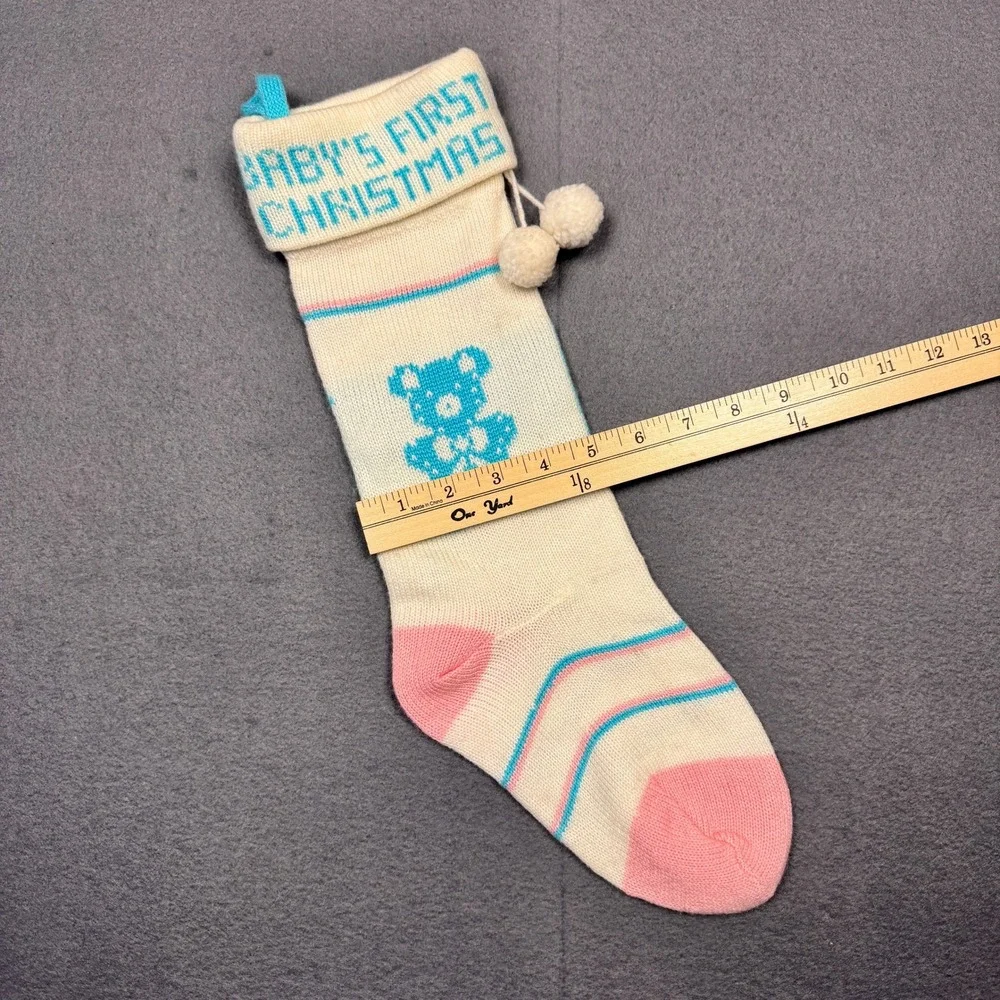 Vtg Babys‎ First Christmas Knit Stocking Bear Unisex Boy Girl Blue Pink White